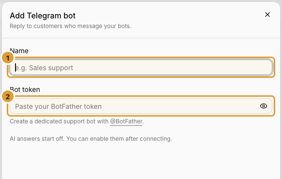 Telegram → Add bot: 1 is an optional connection name and 2 is the masked Bot token field. Both fields are empty; no token or connection was created.