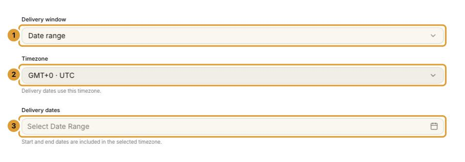 Unsaved date-range example: 1 selects the delivery window, 2 chooses the campaign timezone, and 3 chooses the start and end dates. No dates are selected or saved.
