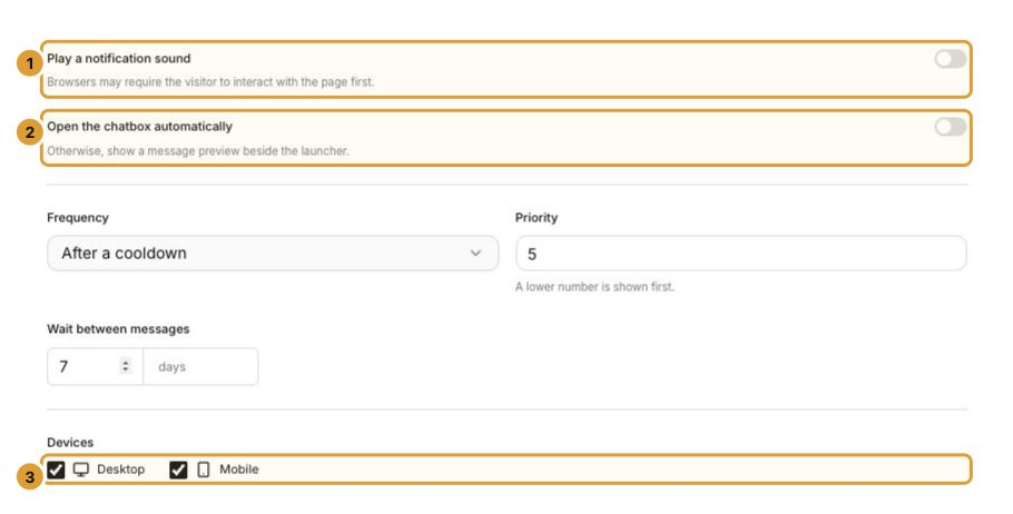 Delivery settings in an unsaved example: 1 controls sound, 2 controls automatic chatbox opening, and 3 selects desktop and mobile devices. No delivery settings were saved.